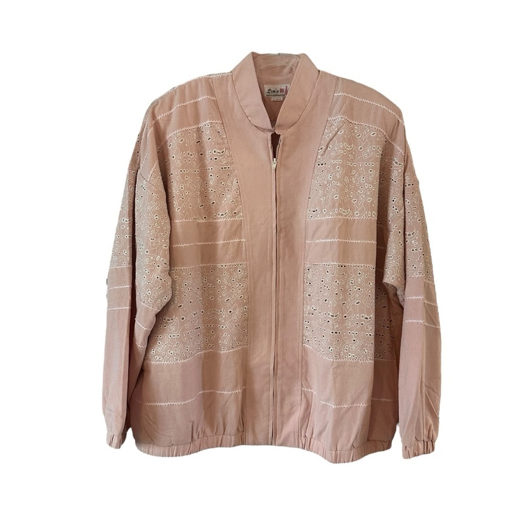 NWT Lim's vintage light pink bomber style jacket hand embroidered w/ eyelet lace